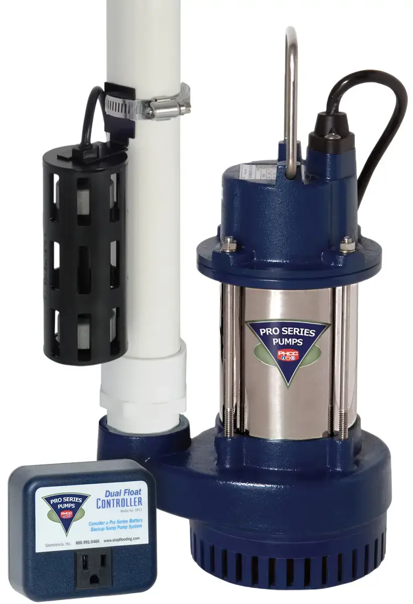 Heavy-duty blue sump pump used for home flood prevention.