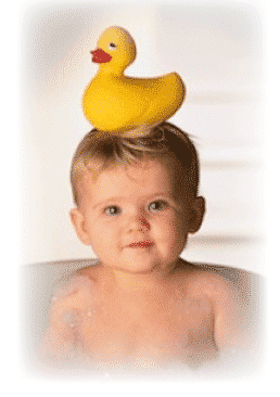 Baby With Duck On His Head in Bath Hot Water Image 1